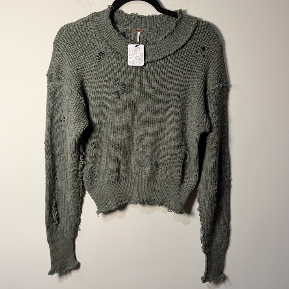 Free People NWT XS Distressed Olive Sweater $128 MSRP